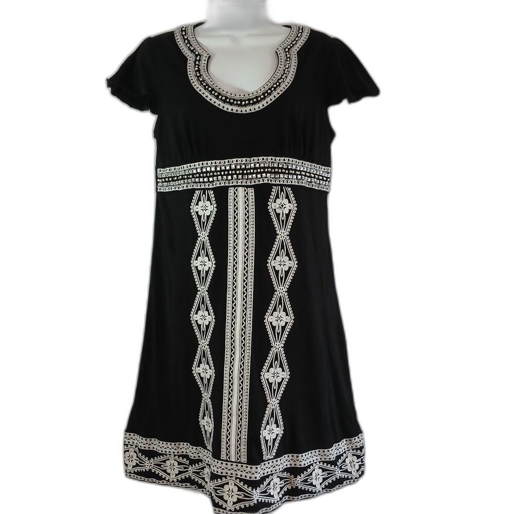INC International Concepts Women’s Beaded Embroidered Black white Dress Size L